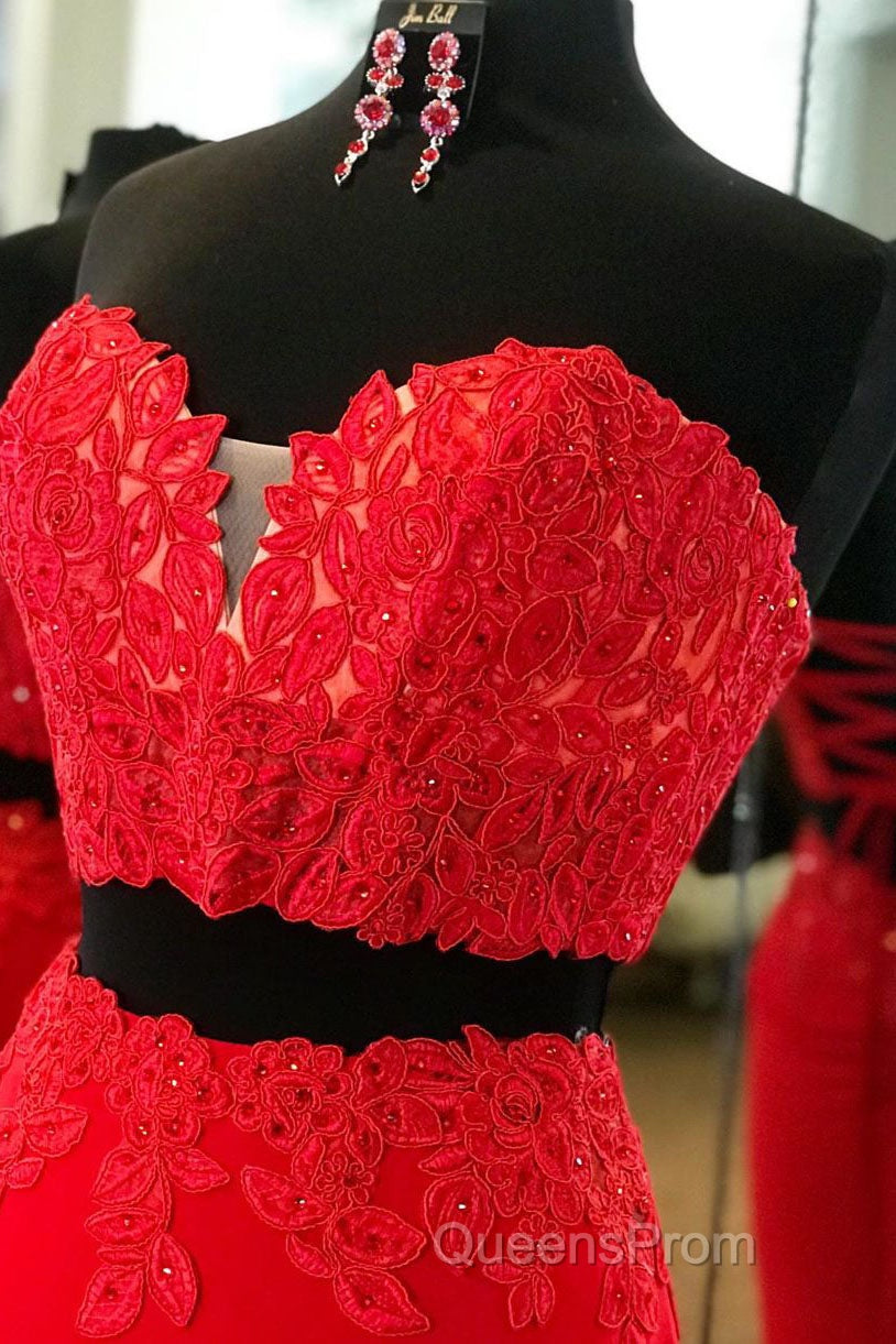 Elegant Two Piece Sweetheart Beaded Red Evening Prom Dress with Lace-up Back