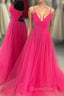 V Neck A-line Hot Pink Long Evening Prom Dress with Lace-up Back