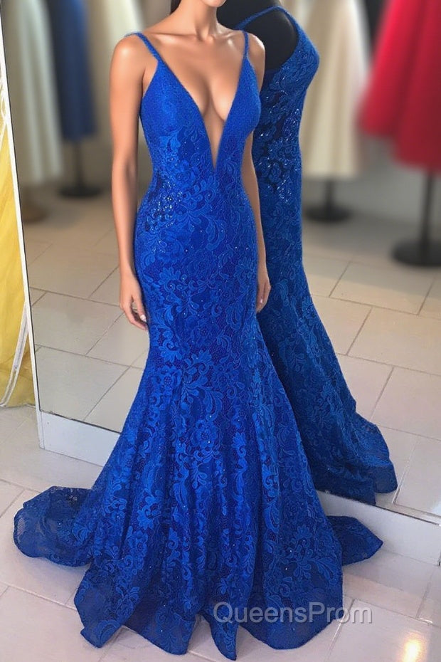 Elegant V Neck Mermaid Royal Blue Long Lace Evening Prom Dress Main image