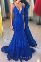 Elegant V Neck Mermaid Royal Blue Long Lace Evening Prom Dress
