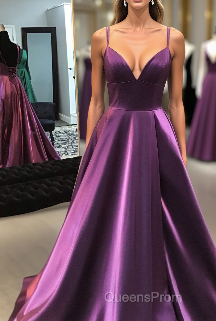 Gorgeous V Neck Lace-up Back Plum Long Evening Prom Dress Main image