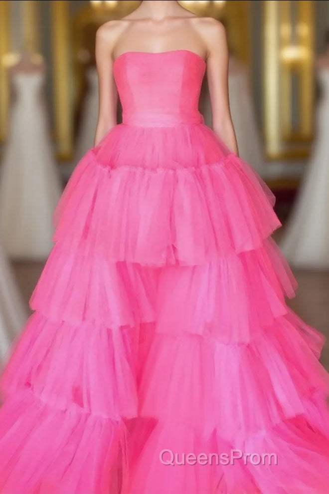 Elegant Strapless Layered Hot Pink Long Evening Prom Dress with Slit Main image