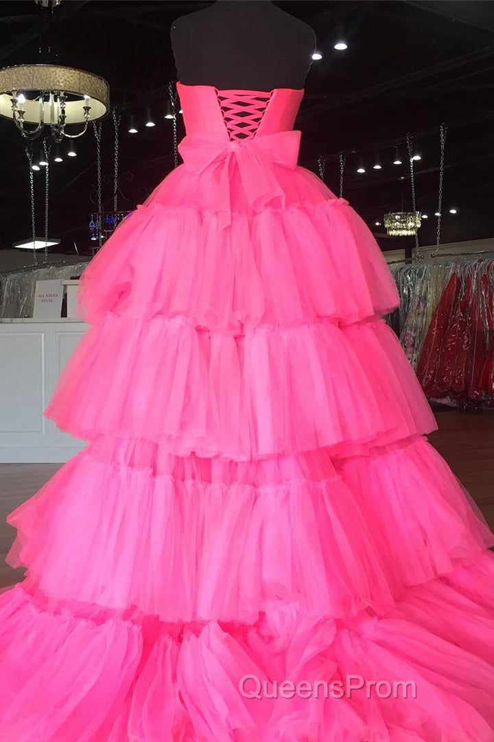 Elegant Strapless Layered Hot Pink Long Evening Prom Dress with Slit Secondary image