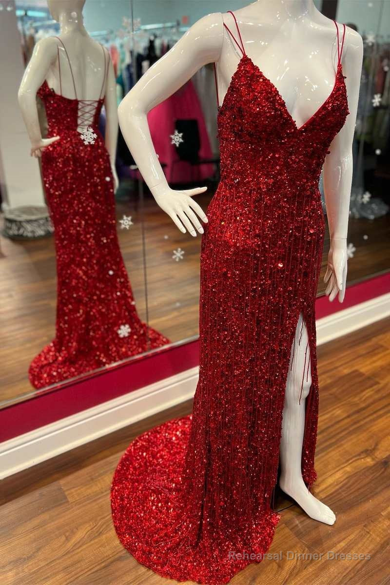 Red Sequin Fringe V-Neck Lace-Up Back Mermaid Long Prom Dress with Slit Main image