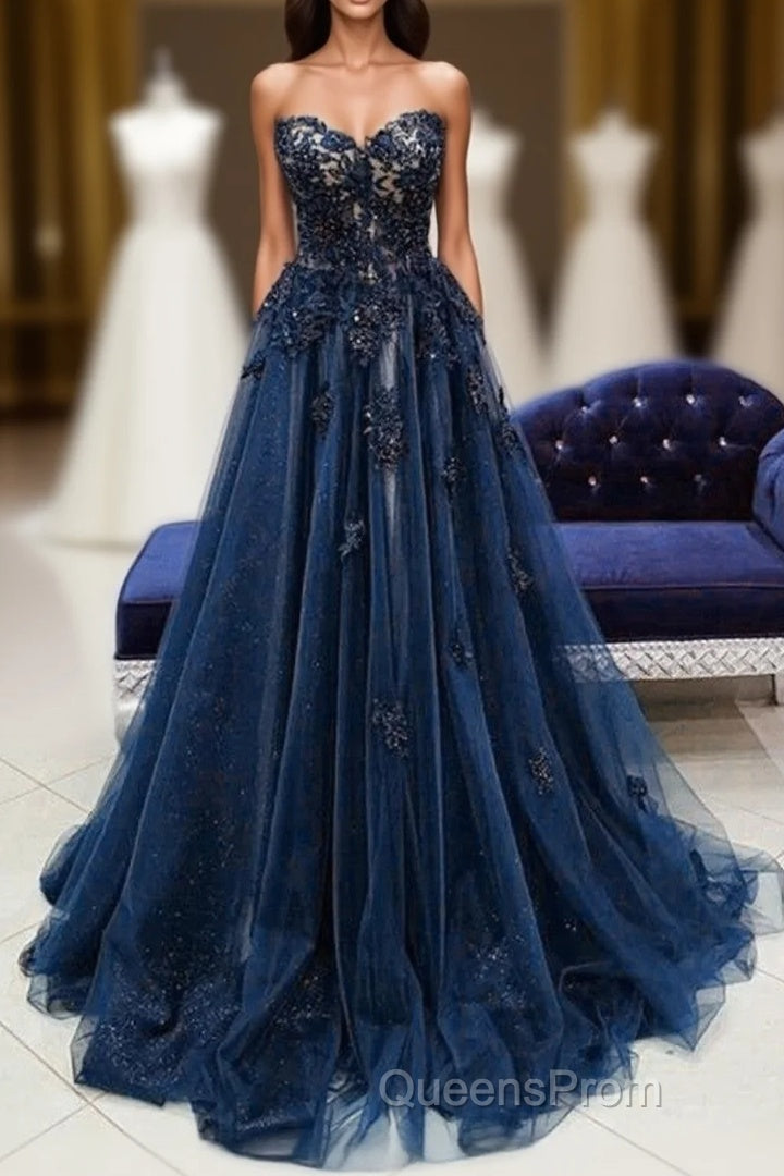 Navy Blue Tulle With Lace Sweetheart Long Formal Dress, Blue Long Evening Prom Dress Main image