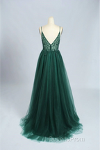 Green V-Neckline Beaded Tulle Floor Length Party Dress, A-Line Green Evening Prom Dress