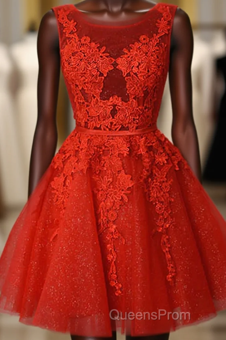 Red Lace Round Neckline Short Party Dress, Red Short Homecoming Dress Main image