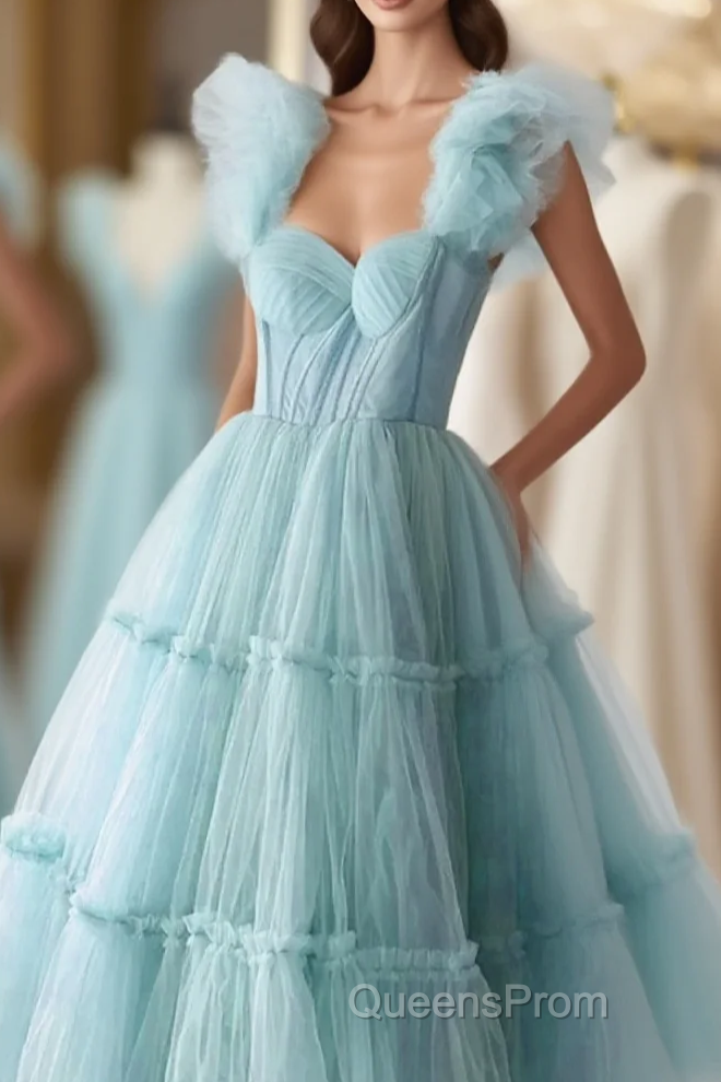 Light Blue Tulle Straps Long Party Dress Evening Dress, Light Blue A-Line Evening Prom Dress Main image