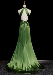 Green Soft Satin Halter Long Evening Dress Party Dress, Green A-line Evening Prom Dress
