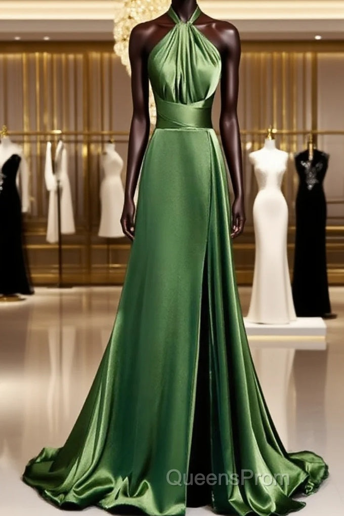Green Soft Satin Halter Long Evening Dress Party Dress, Green A-line Evening Prom Dress Main image