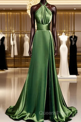 Green Soft Satin Halter Long Evening Dress Party Dress, Green A-line Evening Prom Dress