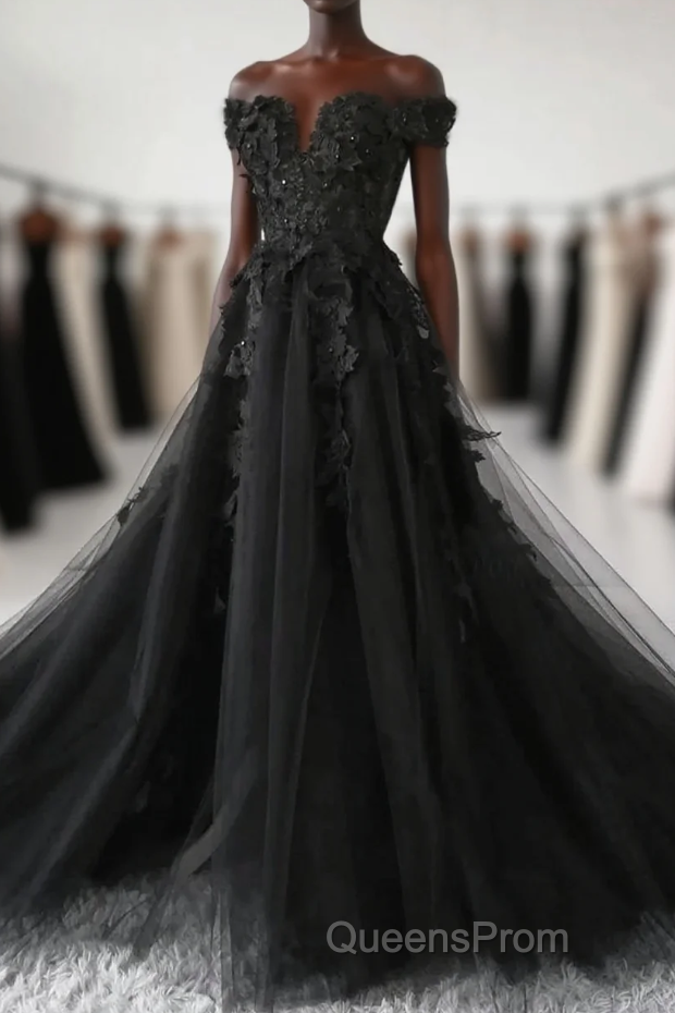 Black Off Shoulder Tulle Long Evening Dress Evening Prom Dress, Black Lace Formal Dress Main image