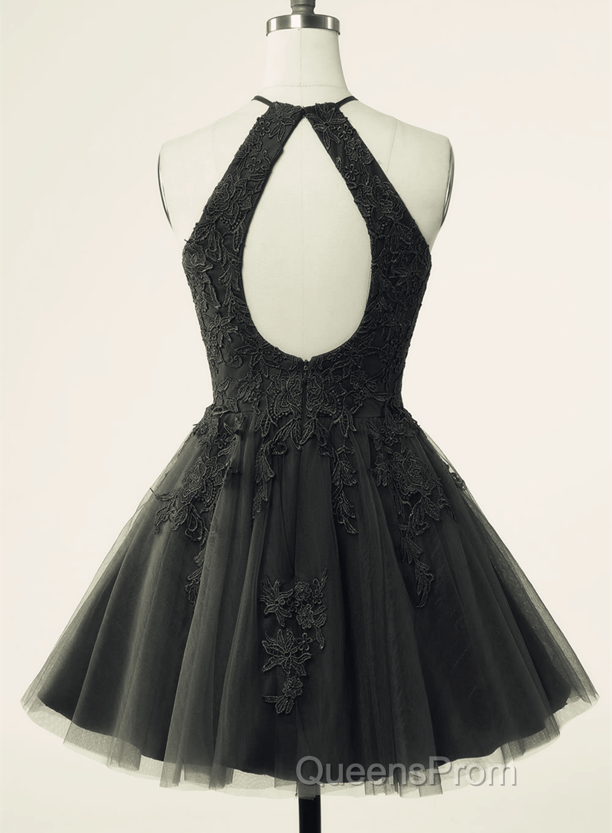 Black Halter Tulle With Lace Short Party Dress, Black Tulle Homecoming Dress Secondary image