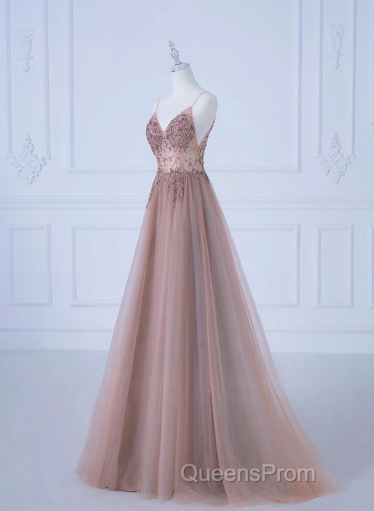 Pink V-Neckline Beaded Straps Long Party Dress, A-Line Pink Tulle Floor Length Evening Prom Dress Secondary image
