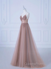 Pink V-Neckline Beaded Straps Long Party Dress, A-Line Pink Tulle Floor Length Evening Prom Dress