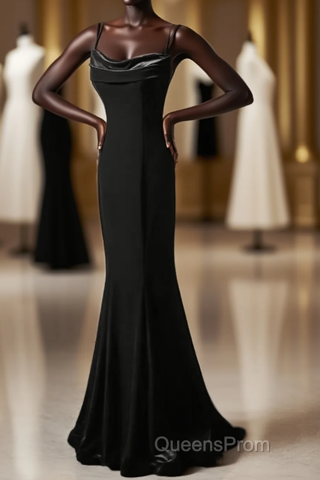Black Straps Velvet Low Back Long Formal Dress, Black Velvet Evening Dress Evening Prom Dress Main image