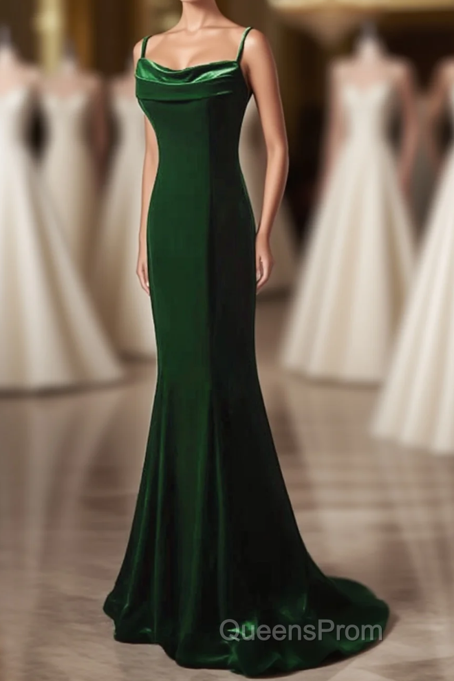 Green Mermaid Long Velvet Party Dress, Green Straps Long Formal Dress Evening Prom Dress Main image