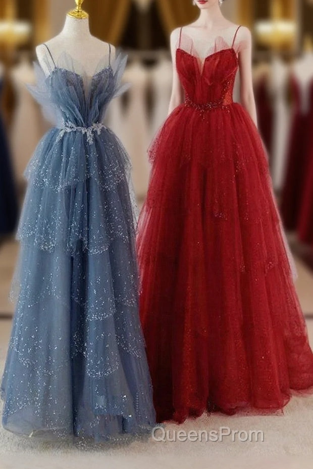 A-Line Tulle Layers Beaded Straps Long Party Dress, Tulle Evening Prom Dress Evening Dress Main image