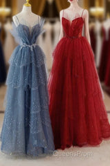 A-Line Tulle Layers Beaded Straps Long Party Dress, Tulle Evening Prom Dress Evening Dress