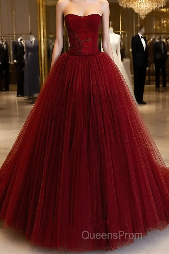 Wine Red Tulle Scoop Long Formal Dress, Wine Red Tulle Evening Prom Dress Party Dress Main image