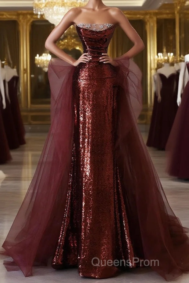 Wine Red Sequins and Tulle Beaded Long Party Dress, Wine Red Evening Dress Main image