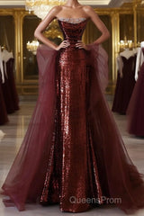 Wine Red Sequins and Tulle Beaded Long Party Dress, Wine Red Evening Dress