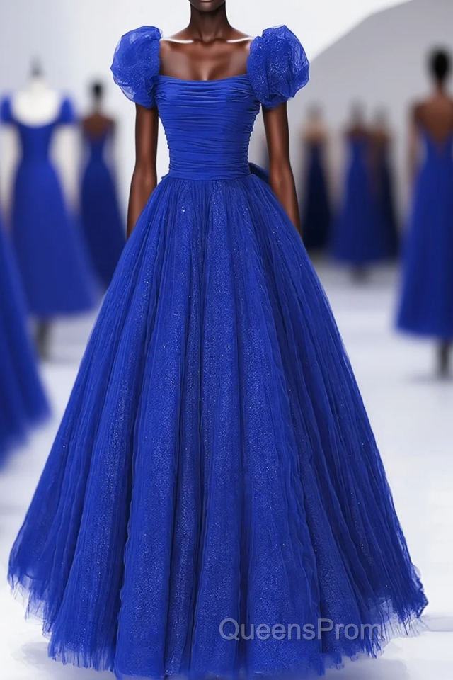 Royal Blue Scoop Tulle Short Sleeves Long Evening Prom Dress, Royal Blue A-Line Party Dress Main image