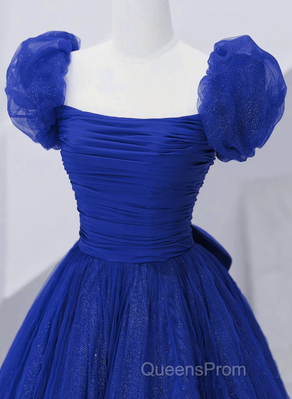 Royal Blue Scoop Tulle Short Sleeves Long Evening Prom Dress, Royal Blue A-Line Party Dress Secondary image