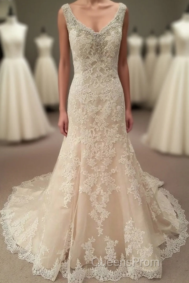 Mermaid Long Champagne Bridal Dress with Lace
