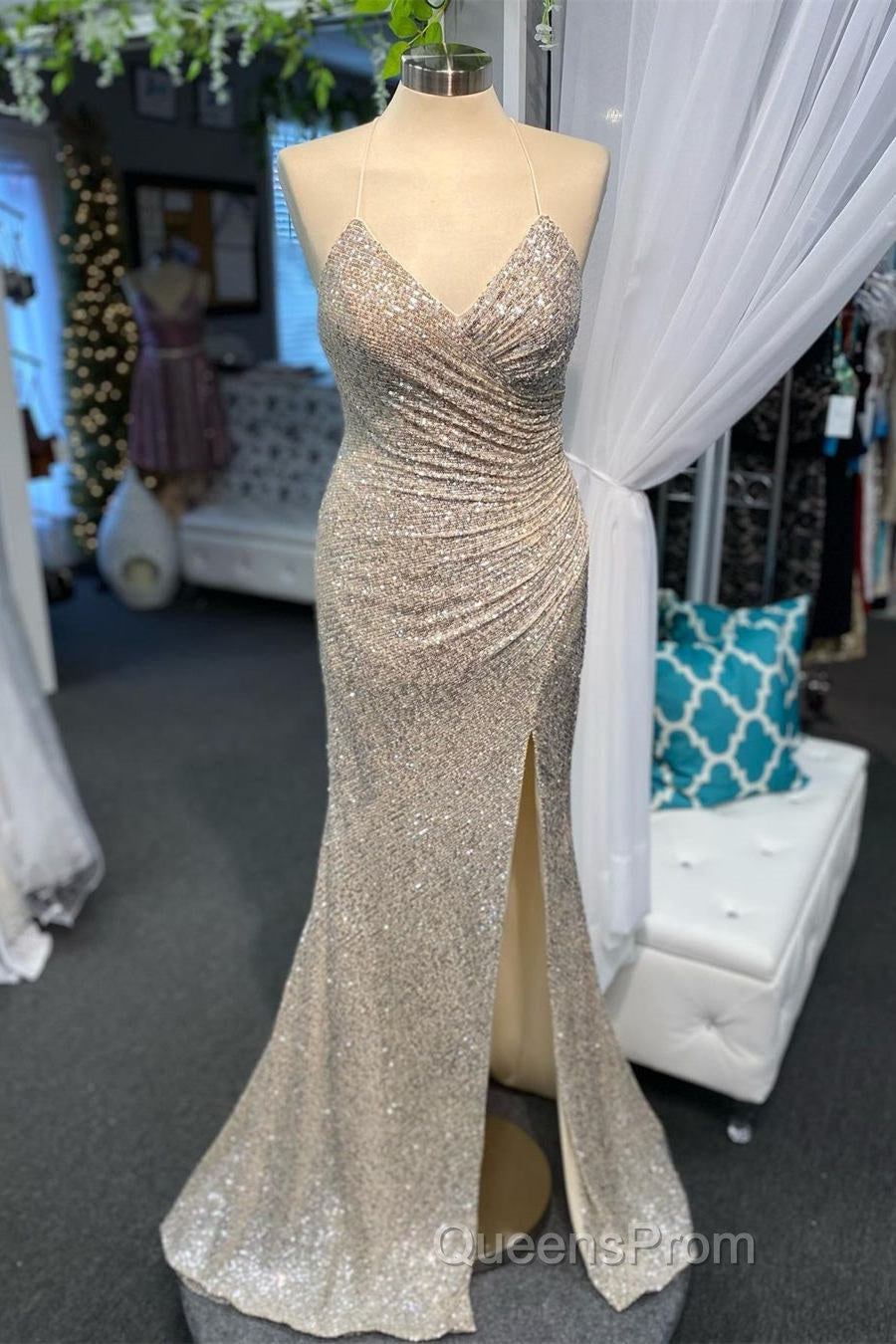 High Slit Blue Sequins Straps Mermaid Evening Prom Dress Secondary image