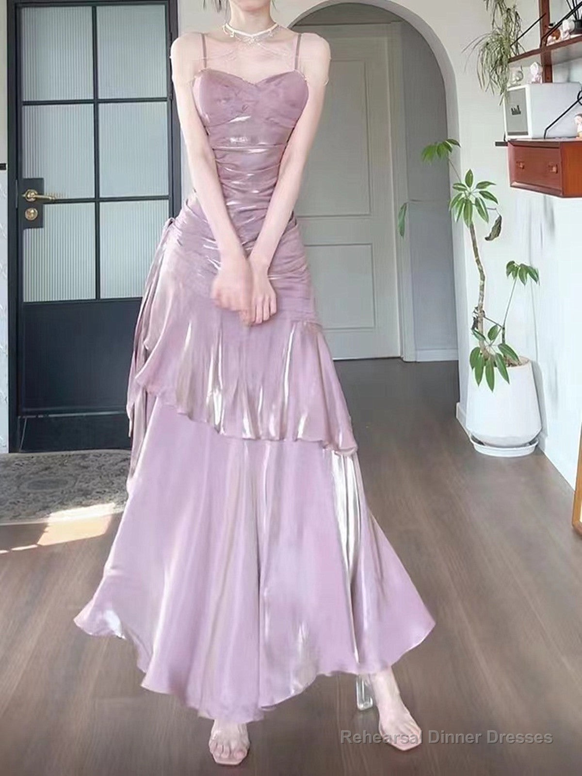 Pink Satin Straps Long Party Dress, Pink Satin Chic Prom Dress Evening Dress Secondary image