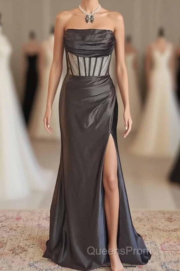 Black Strapless Mermaid Satin Long Evening Prom Dress with Slit
