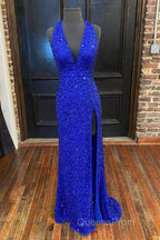 Backless Royal Blue Sequins Evening Prom Gown with Slit