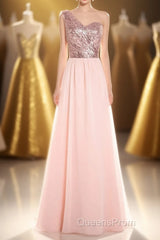 One-Shoulder Sequin and Chiffon A-Line Long Bridesmaid Dress