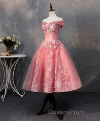 Pink Tulle Lace Off Shoulder Short Evening Prom Dress, Pink Homecoming Dress