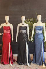 Black Strapless Mermaid Satin Long Evening Prom Dress with Slit