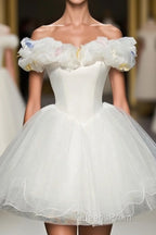 Cute White Tulle Short Evening Prom Gown White Homecoming Dress