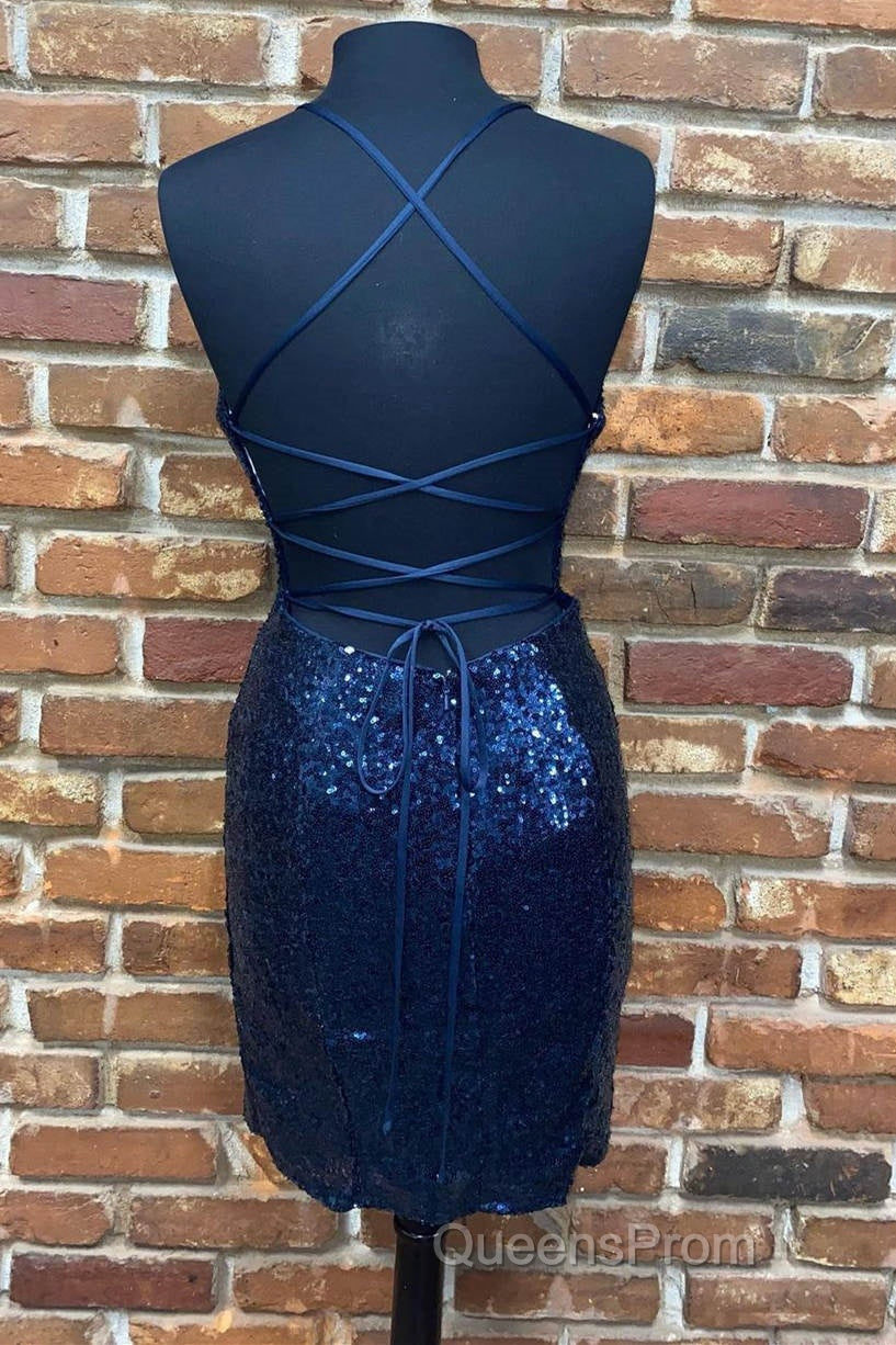 Cute Navy Blue Sequins Tight Mini Homecoming Dress
