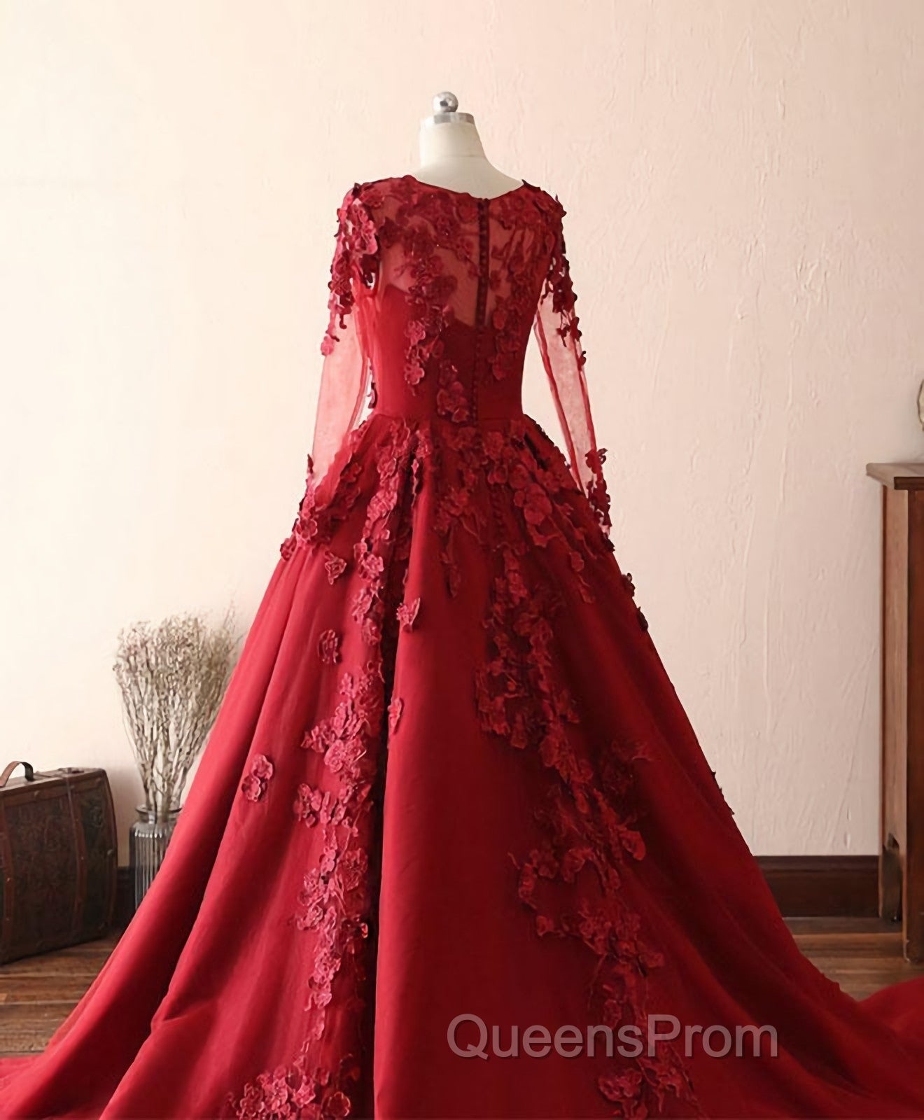Burgundy Lace Satin Long Evening Prom Dress, Burgundy Lace Evening Dress Secondary image