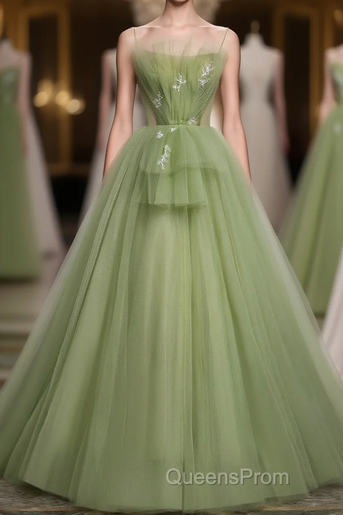 Green Tulle Long Evening Prom Dress, Green Tulle Formal Dress Main image