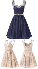 Gorgeous A Line Straps Knee Length Lace With Beading Homecoming Dress