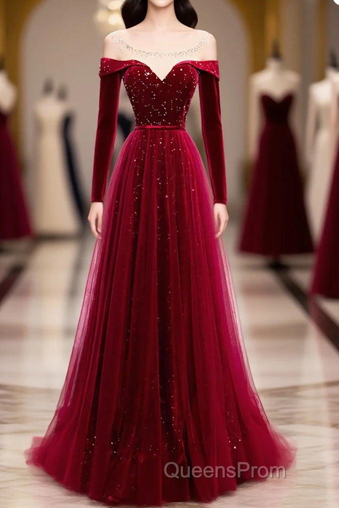 Burgundy Round Neck Tulle Sequin Long Evening Prom Dress, Tulle Formal Dress Main image