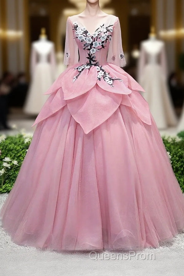 Pink V Neck Tulle Lace Applique Long Evening Prom Dress, Pink Evening Dress, 1 Main image