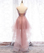 Pink Tulle Lace High Low Evening Prom Dress, Pink Homecoming Dress, 1
