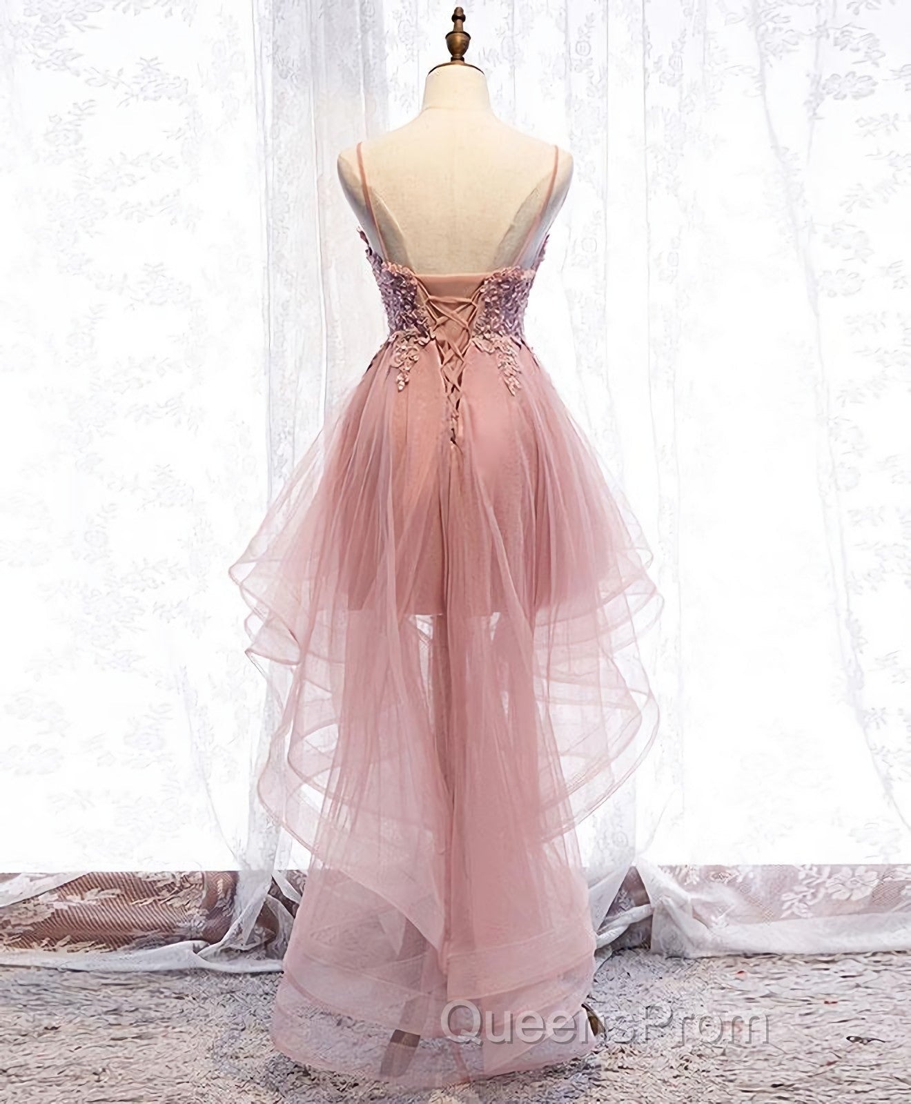 Pink Tulle Lace High Low Evening Prom Dress, Pink Homecoming Dress, 1