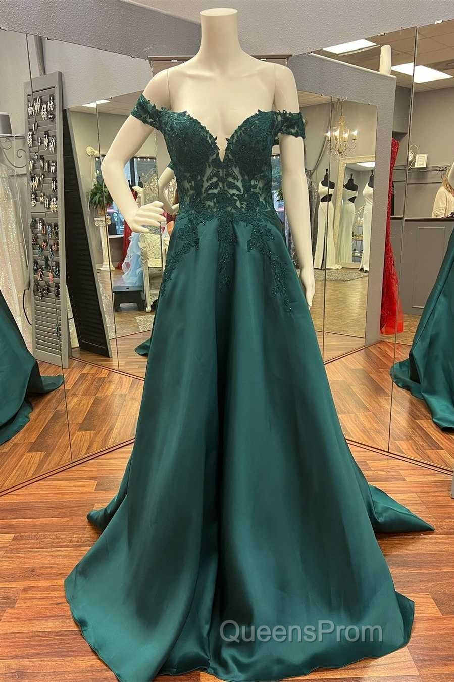 Hunter Green Lace Off-the-Shoulder A-Line Long Evening Prom Dress Secondary image