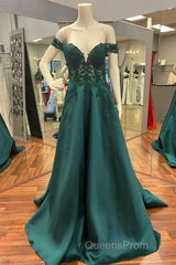 Hunter Green Lace Off-the-Shoulder A-Line Long Evening Prom Dress