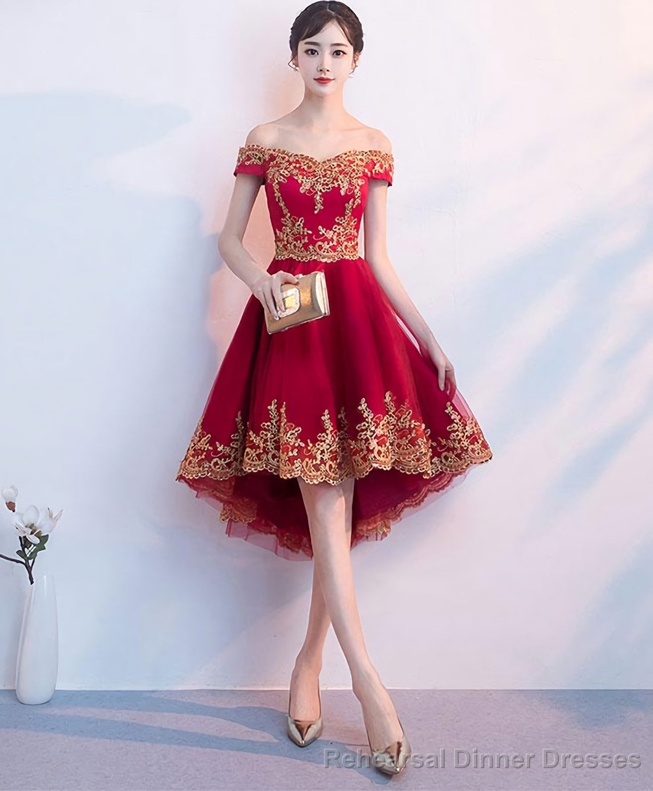 Burgundy Tulle Lace Short Prom Dress High Low Bridesmaid Dress