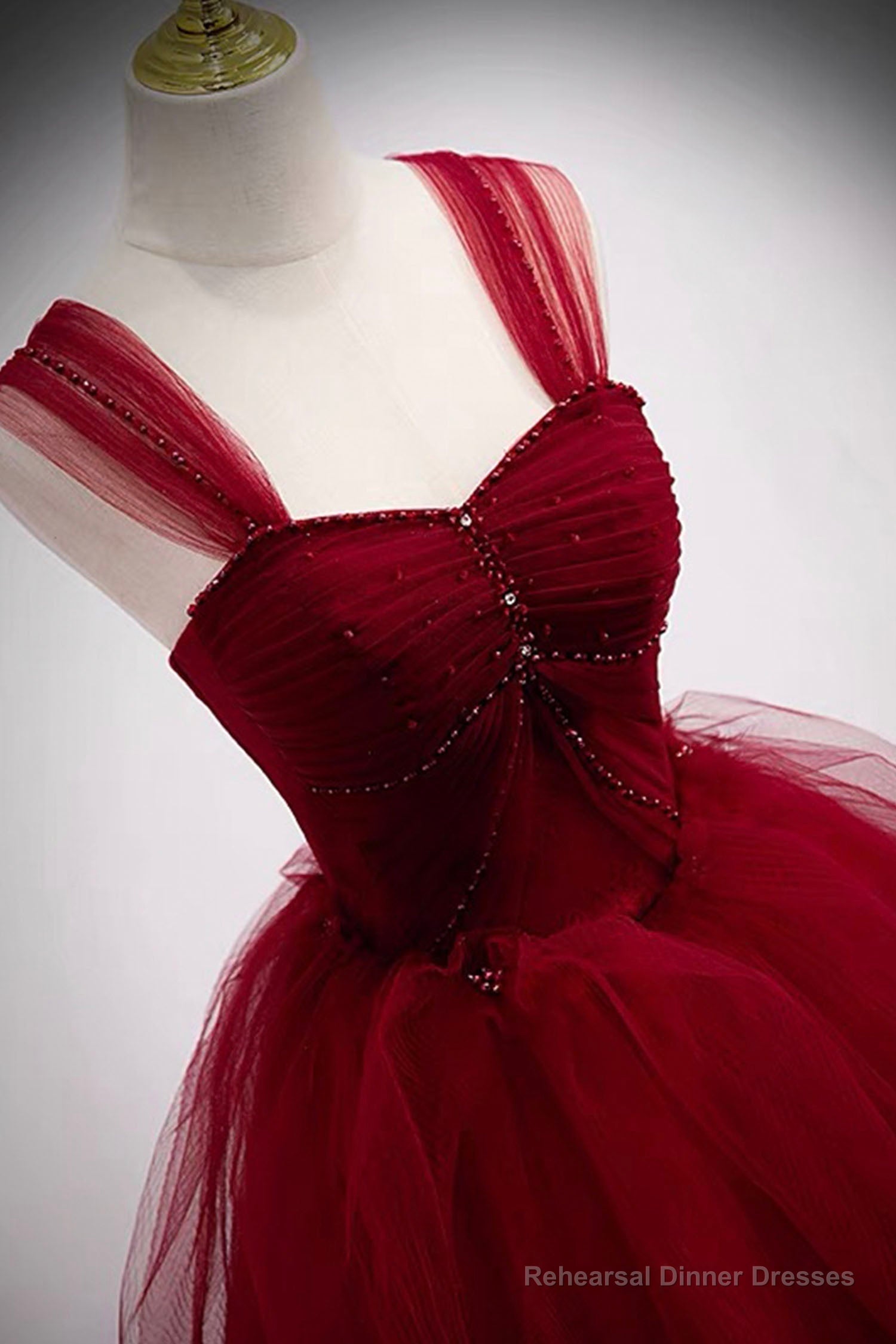 Burgundy Tulle Long A-Line Prom Dress, Burgundy Evening Party Dress
