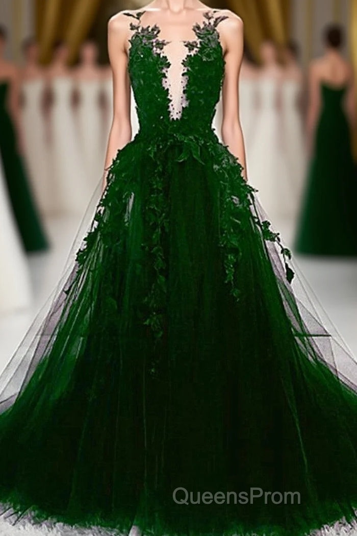 Dark Green Tulle With Lace Deep Neckline Backless Evening Prom Dress, Dark Green Party Dress Main image